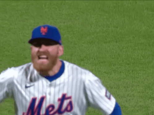A Mets Baseball Player Wearing A Blue Hat And Striped Shirt GIF