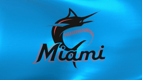 A Miami Logo With A Marlin And A Baseball On A Blue Background GIF