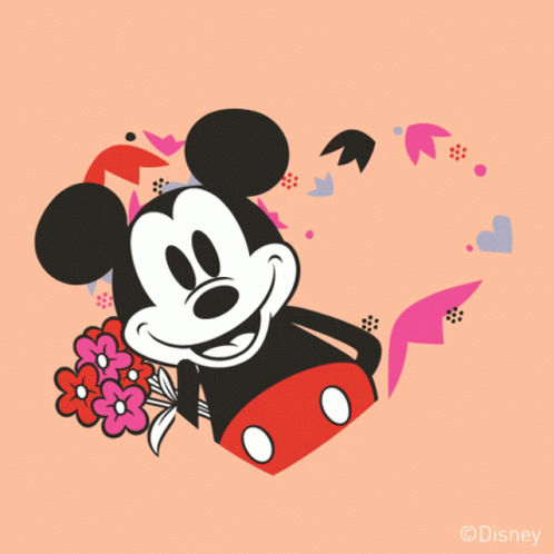 A Mickey Mouse Holding A Bouquet Of Flowers With The Words Love You Behind Him GIF