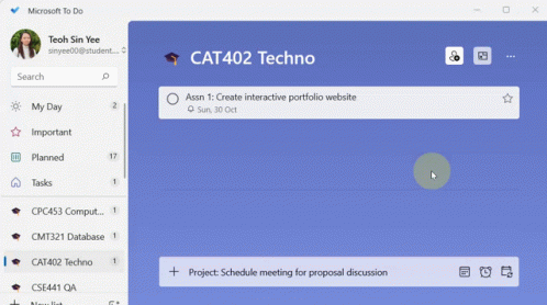 A Microsoft To Do Screen Shows A Project Called Schedule Meeting For Proposal Discussion GIF