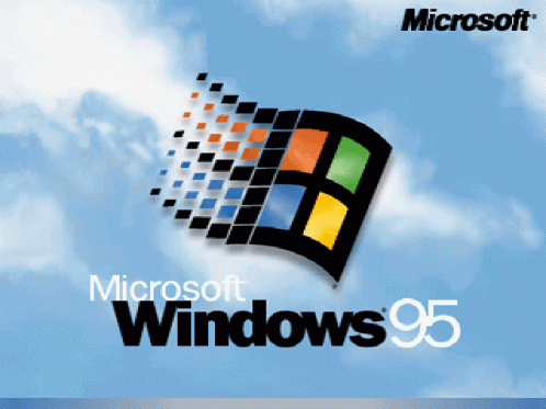 A Microsoft Windows 95 Logo Against A Blue Sky With Clouds GIF
