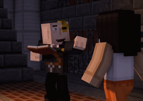 A Minecraft Character Is Holding A Book And Talking To A Girl GIF