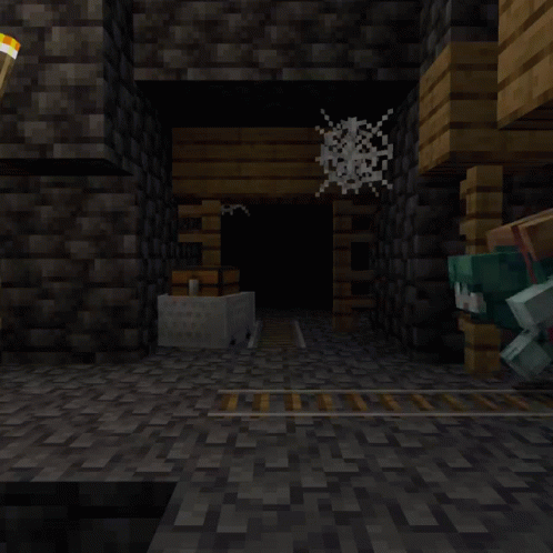 A Minecraft Character Is Standing In A Dark Room With A Torch In The Background GIF