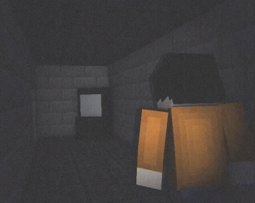 A Minecraft Character Standing In A Dark Room With A Light Shining On His Back GIF