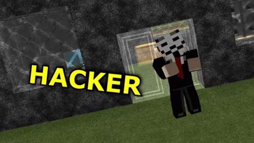 A Minecraft Character With A Mask Is Standing In Front Of A Door That Says Hacker On It GIF