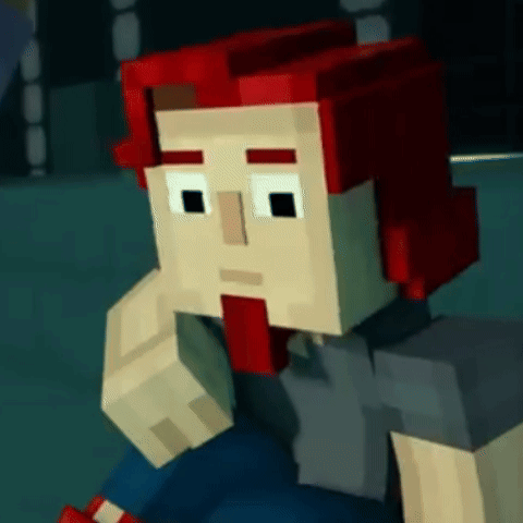 a minecraft character with red hair and a beard is sitting down with his hand on his chin .