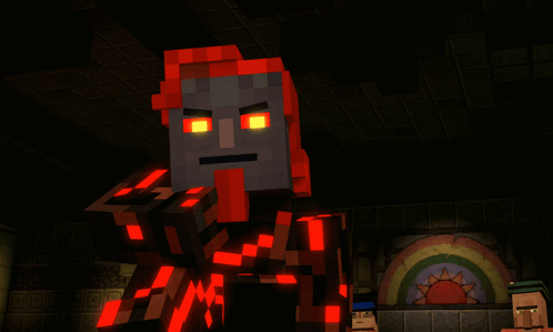 a minecraft character with red lights on his face