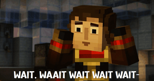 A Minecraft Character With The Words Wait Waait Wait Wait Wait Written Below Him GIF