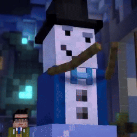 a minecraft snowman with a hat and a stick in his mouth .