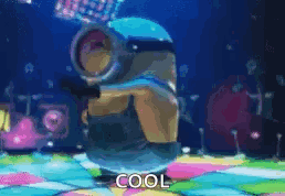 a minion is dancing on a colorful dance floor and the words cool are visible in the background .
