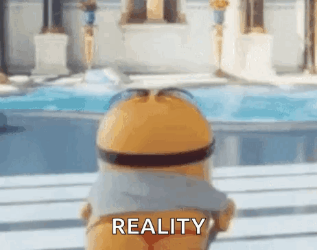 A Minion Is Standing In Front Of A Pool With The Word Reality Written On It . GIF
