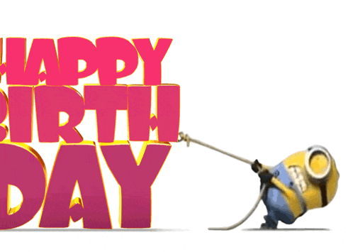 A Minion Pulling A Rope With The Words Happy Birthday Behind It GIF