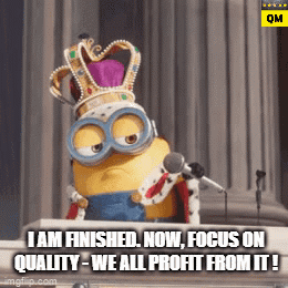 A Minion Wearing A Crown And Goggles Stands In Front Of A Microphone And Says I Am Finished Now Focus On Quality GIF