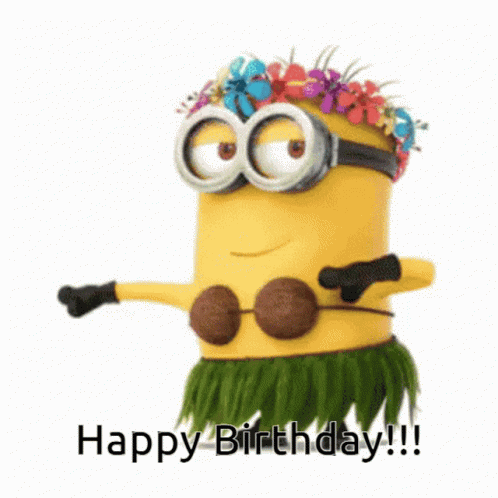 A Minion Wearing A Hula Skirt And A Flower Crown Says Happy Birthday !!! GIF