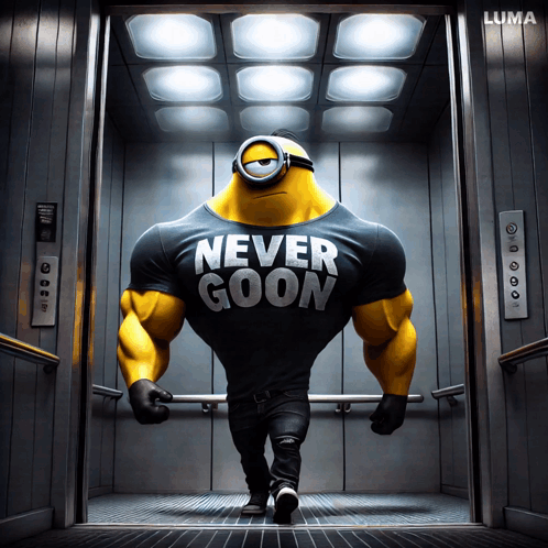 A Minion Wearing A Shirt That Says Never Goon Is Walking Out Of An Elevator GIF