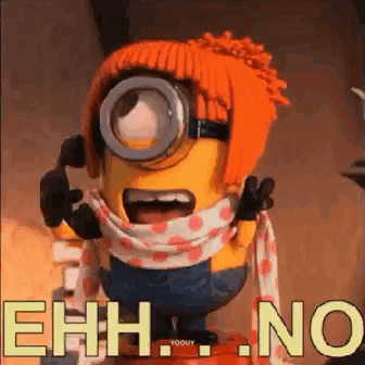 A Minion Wearing An Orange Hat And Scarf Is Talking On A Phone . GIF