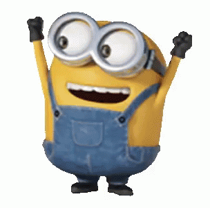 A Minion Wearing Overalls And Goggles Is Raising His Arms In The Air . GIF
