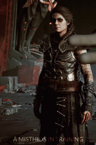 A Misthios In Training Poster With A Woman In Armor And Chains GIF