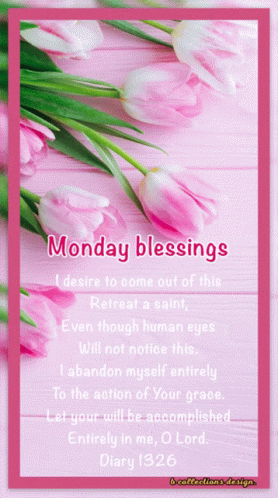 A Monday Blessings Greeting Card With Pink Flowers On A Pink Background GIF