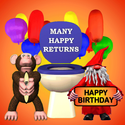 A Monkey Holding A Surfboard Next To A Toilet That Says Many Happy Returns On It GIF