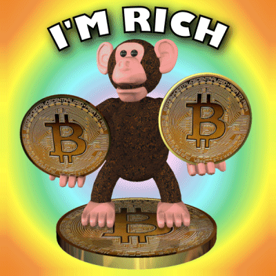 A Monkey Holding Two Bitcoins With The Words " I 'M Rich " Below It GIF
