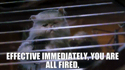 a monkey in a cage with the words `` effective immediately , you are all fired '' written on it .