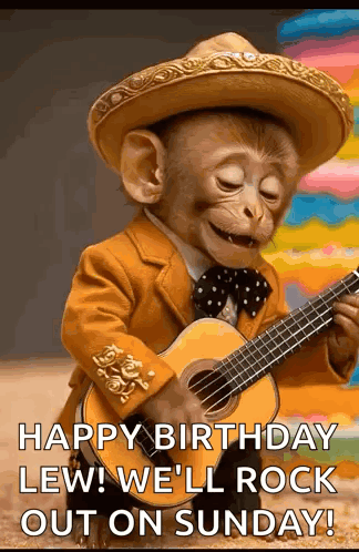 A Monkey In A Sombrero Is Playing A Guitar And Singing . GIF
