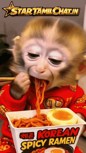 A Monkey Is Eating Korean Spicy Ramen With An Egg In It GIF
