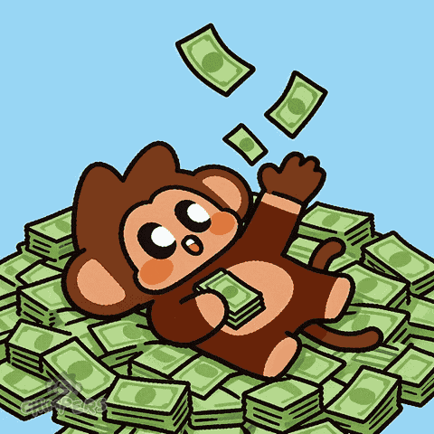 A Monkey Is Laying On A Pile Of Money And Throwing Money In The Air GIF