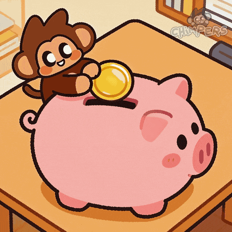 A Monkey Is Putting A Gold Coin Into A Piggy Bank GIF