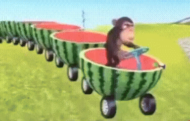 A Monkey Is Riding A Train Of Watermelons GIF