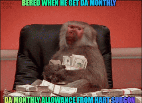 a monkey is sitting in a chair holding stacks of money with a caption that says bered