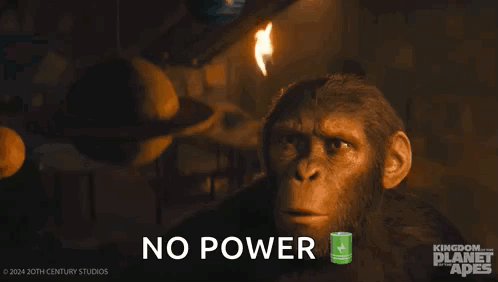 A Monkey Is Standing Next To A Man Holding A Can Of Soda And Says `` No Power '' . GIF
