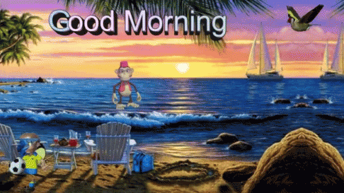 a monkey is standing on a beach with the words good morning above him