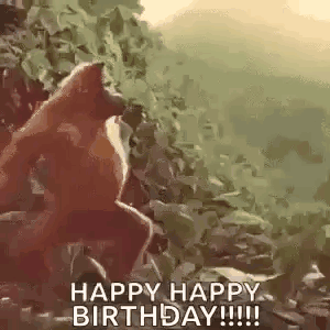 A Monkey Is Standing On A Rock And Says `` Happy Happy Birthday !!! '' GIF