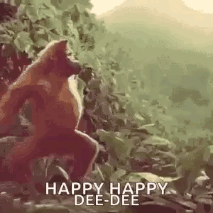 A Monkey Is Standing On Its Hind Legs In The Jungle And Says `` Happy Happy Dee-Dee '' . GIF