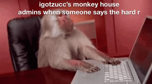 A Monkey Is Typing On A Laptop With A Caption That Says ' Igotzucci 'S Monkey House Admins GIF