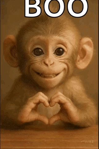 A Monkey Making A Heart Shape With Its Hands With The Word Boo Above It GIF