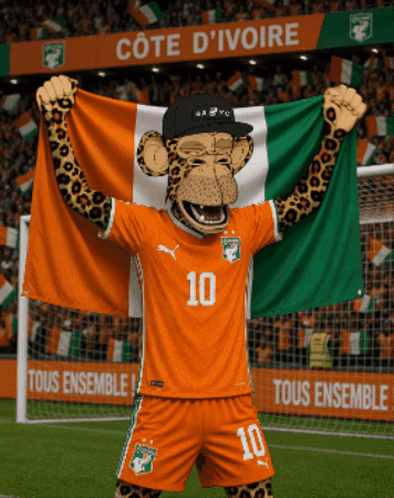a monkey mascot is holding a flag in front of a sign that says cote d' ivoire