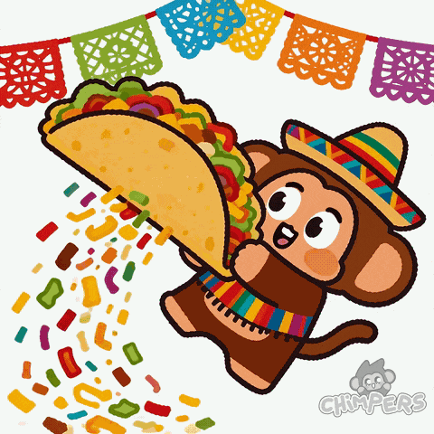 A Monkey Wearing A Sombrero Is Holding A Taco With Confetti Falling Out Of It GIF