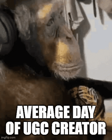 A Monkey Wearing Headphones With The Words `` Average Day Of Ugg Creator '' Written On It GIF