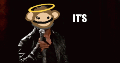 A Monkey With A Halo On His Head Is Holding A Microphone With The Words It 'S About To Go Down Below Him GIF