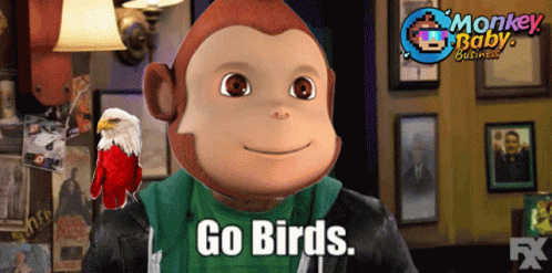 A Monkey With A Parrot On His Shoulder And The Words Go Birds GIF