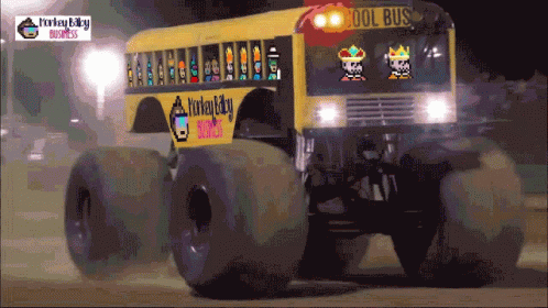 A Monster Bus That Says Cool Bus On The Front Of It GIF