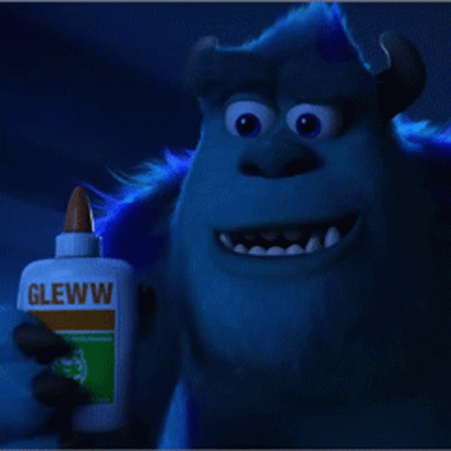 A Monster Holding A Bottle Of Glue With The Word Gleww On It GIF