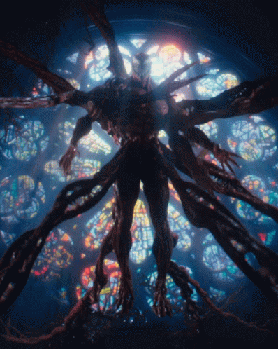 A Monster Is Surrounded By Stained Glass Windows In A Church GIF