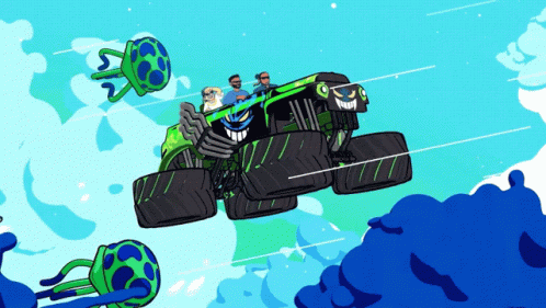 A Monster Truck Is Flying Through The Air With A Jellyfish Behind It GIF
