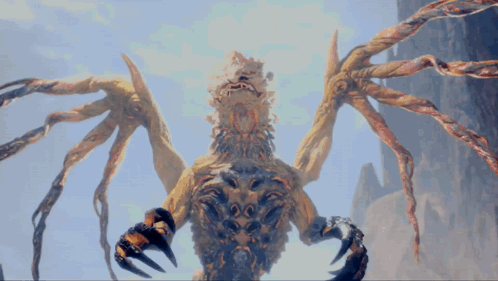 A Monster With A Lot Of Arms And Claws Stands In Front Of A Mountain GIF