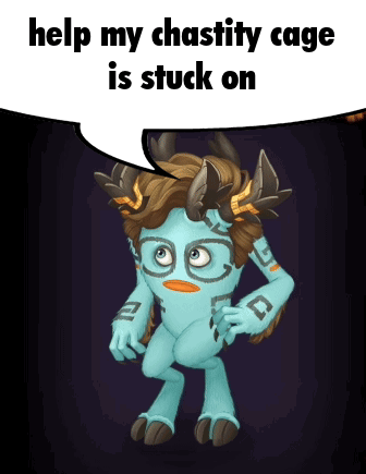 A Monster With Horns And A Speech Bubble That Says " Help My Chastity Cage Is Stuck On " GIF