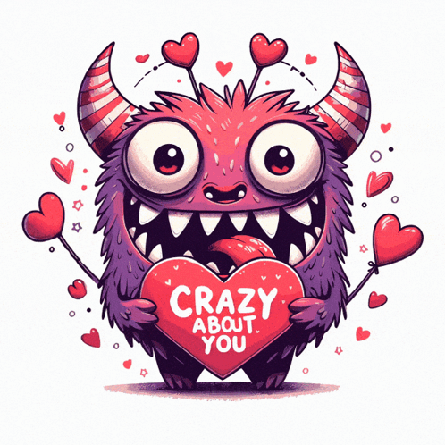 A Monster With Horns Is Holding A Red Heart That Says Crazy About You GIF